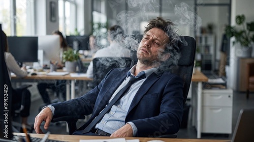 Exhausted Businessman Relaxing in Office Chair with Smoke Burnout Concept