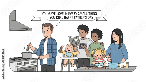 Father's Day Feast: A heartwarming family scene in the kitchen, father cooking while children enjoy cooking together on Father's Day. 