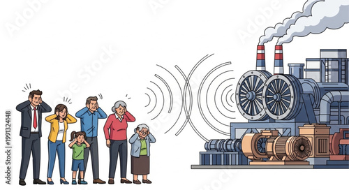 People covering ears from industrial noise pollution from factory.