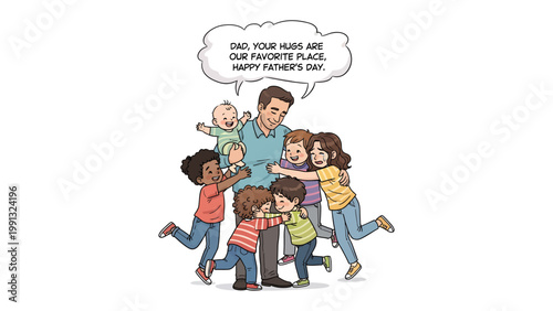 Embracing Fatherhood: A heartwarming illustration captures a father surrounded by his children, their embrace a testament to love and the joy of Father's Day. The tender scene radiates warmth.
