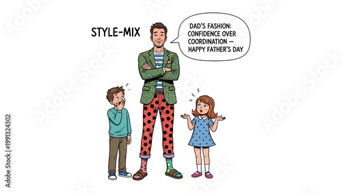Father's Day Fashion Mishap: A comical illustration of a father, showcasing a unique and mismatched outfit alongside his two children.