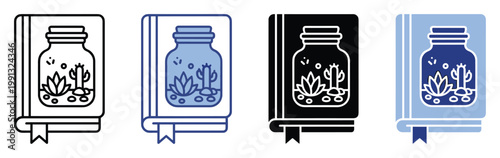 Botany learning book icon with a glass jar succulent and cactus terrarium, excellent for nature study materials and gardening applications