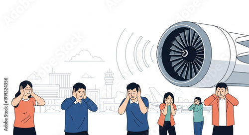 People covering ears from loud airplane engine noise illustration.