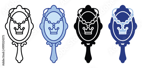 Ornate handheld mirror icon showing crown and necklace reflection, perfect for luxury and cosmetic applications.