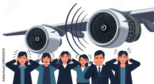 People covering ears from loud airplane engine noise pollution.