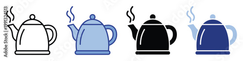 Vector set of hot beverage teapots with steaming spout symbols ideal for kitchenware branding and culinary applications
