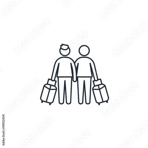 Tourists traveling with luggage thin line icon, linear vector illustration.