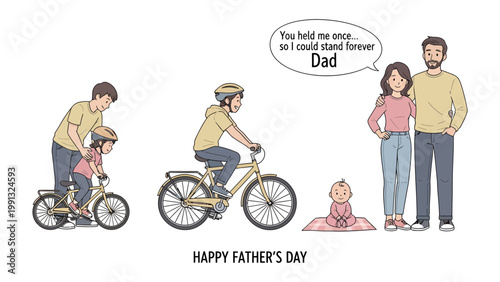 Father's Day Cycle of Life: An illustration sequence beautifully narrates a father's guidance through a child's milestones, from first steps to adulthood.