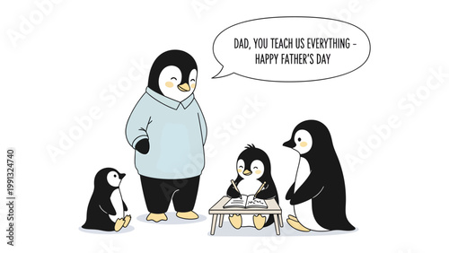 Father's Day Penguins: Adorable cartoon penguins celebrate Father's Day, expressing gratitude to their dad with heartfelt words and warm embraces. A heartwarming scene of family love and appreciation.