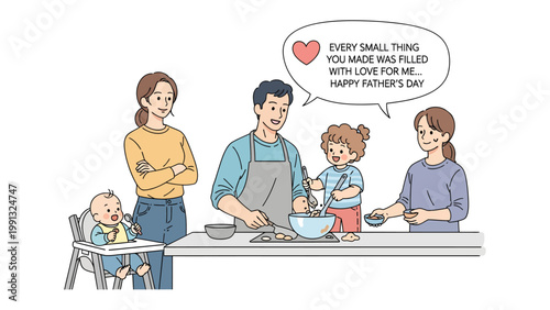 Family's Father's Day: A loving family is gathered on Father's Day, preparing a delightful meal together. A heart-shaped thought bubble above communicates warm wishes.