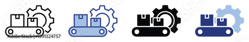 Automated production process icon with packages on a conveyor belt and gear for industrial efficiency.