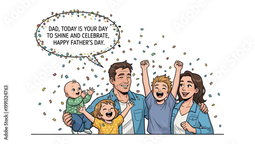 Father's Day joy: a celebration of a family's love and gratitude, with a message of appreciation to the father figure amidst confetti.