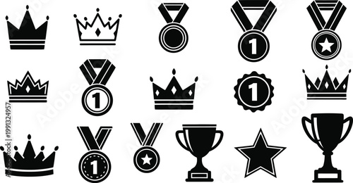 Award icons set crowns medals trophies editable stroke vector illustration for achievements recognition