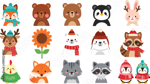 Cute winter animals cartoon set with bear penguin fox raccoon deer in cozy hats and scarves vector illustration