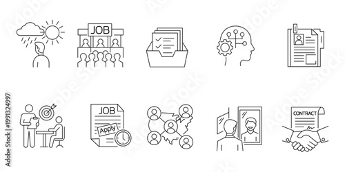 Human resources and recruitment icons set with job application candidate screening and contract.Editable stroke, Vector illustration, Line art Icon, Symbols.