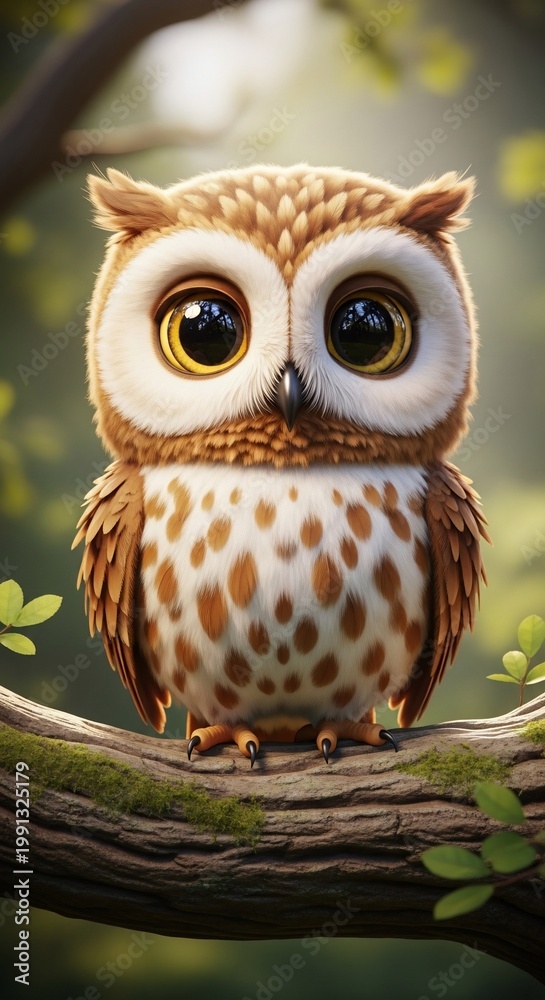 Obraz premium Adorable fluffy owlet with huge innocent eyes perched on a mossy branch in soft dappled sunlight, forest background.