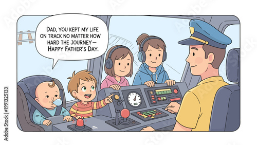 Father's Day on the Train: A heartfelt Father's Day scene unfolds on a train, where a father, dressed as a conductor, shares a tender moment with his children.