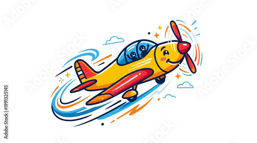 Smiling Yellow Cartoon Airplane Flying Fast.