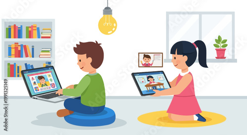 A young boy and girl engaged in remote online learning using laptops and tablets.