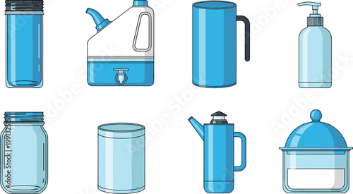 Collection of household containers and bottles including jars, dispenser, kettle, and canister set in flat vector illustration style