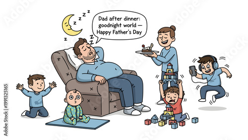 Family Scene for Father's Day: A lively illustration captures a heartwarming Father's Day scene with a relaxed father, surrounded by his loving family. It’s a moment of connection and appreciation.