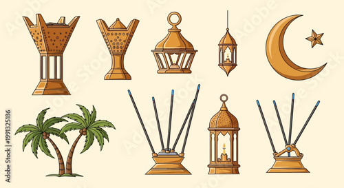 Lantern collection glows softly alongside traditional incense burner.