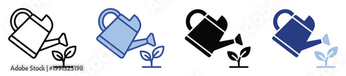 Versatile watering can icon set nurturing a growing plant, ideal for environmental and gardening themed applications