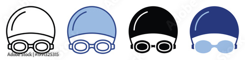 Collection of swimming cap and goggles icons in various styles perfect for sports applications and water activity symbols
