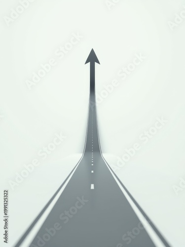 Curved Road with Arrow Pointing Upward in Minimalistic Landscape