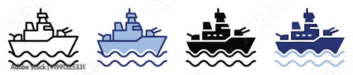 Warship icon set depicting military destroyer vessel sailing on water for navigation applications and maritime safety