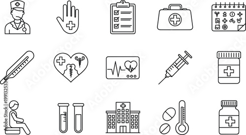 Medical healthcare icon set with doctor syringe hospital symbols vector illustration collection minimal outline design style