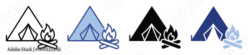 Camping tent and campfire icon set for outdoor adventure websites applications or travel brochure design