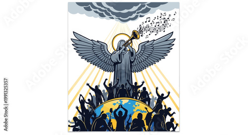 Angel plays a golden trumpet while crowds gather on the planet earth.