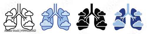 Lungs with clouds icon set representing air pollution and respiratory health issues for medical and environmental applications
