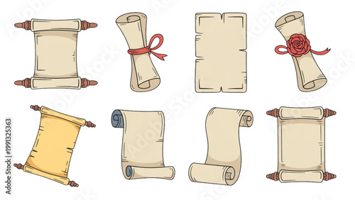 Collection of vintage-style parchment scrolls with decorative borders and floral motifs