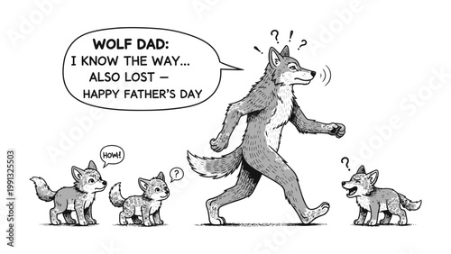 Lost Wolf Dad: A heartwarming illustration captures a comical scene of a wolf dad leading his lost pups, with a speech bubble humorously admitting he too is lost.