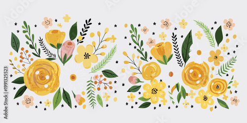 A colorful hand painted floral arrangement with yellow and peach blossoms