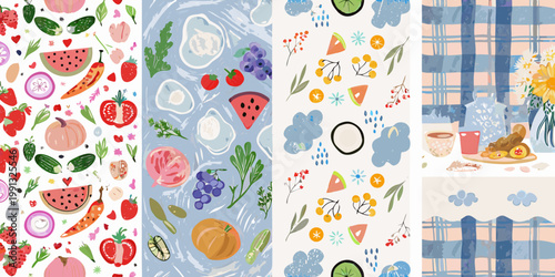 Colorful illustrated patterns featuring fruits vegetables and picnic scenes