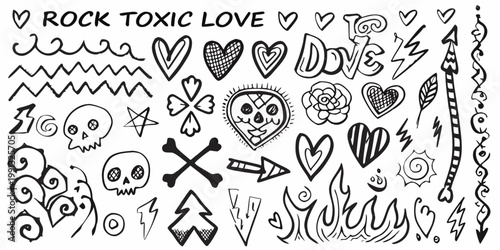 Black and white doodle collection featuring hearts skulls and rock motifs
