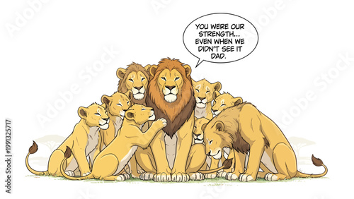 Lion Family Affection: A heartwarming illustration depicts a regal lion, surrounded by his cubs, exuding strength and paternal affection. A speech bubble highlights a sentiment of gratitude.