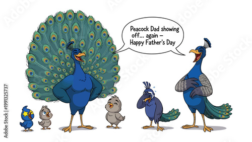 Peacock Father's Day: A whimsical illustration depicts a proud peacock with its magnificent tail feathers on display, engaging in a joyful Father's Day celebration with his family.
