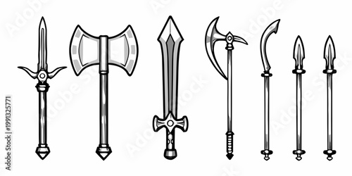 A collection of vintage medieval weaponry including swords axes and spears
