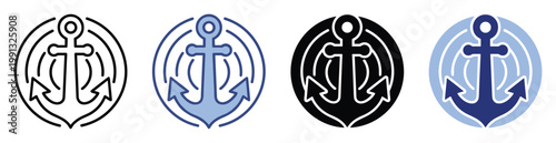 Nautical anchor symbol with circular waves for maritime navigation, sea travel, and digital interfaces