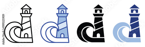 Nautical safety symbol depicting a lighthouse amidst a powerful ocean wave, perfect for maritime themes and coastal navigation concepts