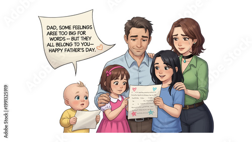 Family's Father's Day: A family, filled with affection, shares Father's Day sentiments, expressing love and appreciation through a heartfelt message and joyous togetherness.