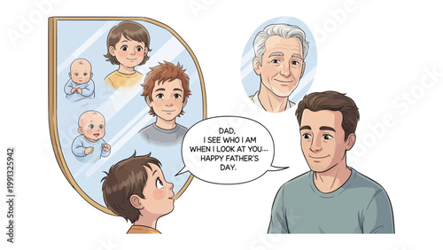A Son's Father's Day Reflection: A heartfelt illustrated scene of a boy gazing at a mirror reflection showing his life journey, expressing deep appreciation and love for his father.