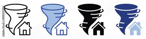 Tornado funnel cloud and house icon set depicting natural disaster warning, emergency, and insurance concepts.