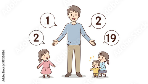 Family Counting Illustration: An illustrated family scene with a parent and child engaging in early mathematics learning, with number floating around.