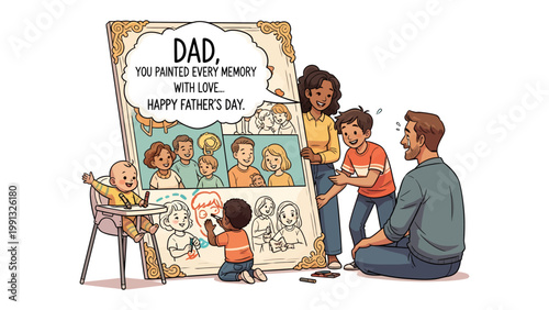 Heartfelt Father's Day: A tender family scene unfolds as a young boy colors a portrait of his father, while the rest of the family joyfully observes.