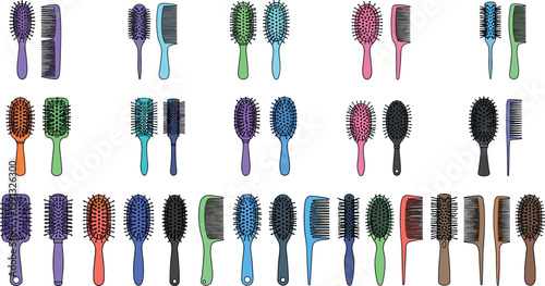 Colorful collection of hair brushes and combs in various styles, grooming and styling tools vector illustration set isolated